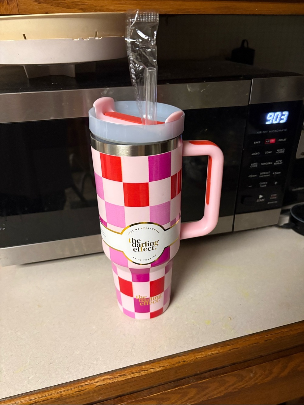 New The Darling Effect Pink & Red Checkered Travel Tumbler with Handle